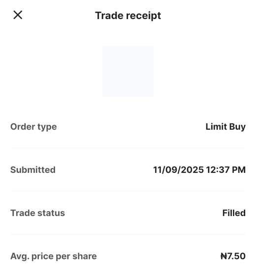 Broker trade receipt: buy order for UPDC REIT filled at ₦7.50 per share on 11 Sep 2025